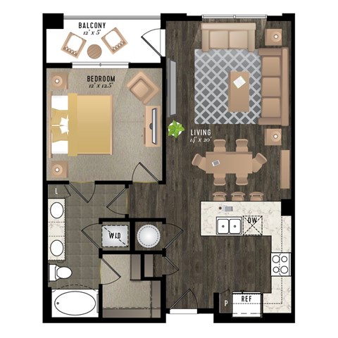 Floor plan for 1 bed, 1 bath, 814 sqft
